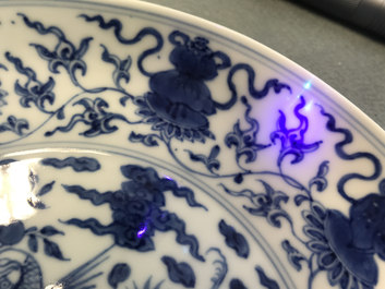 A Chinese blue and white 'cranes' plate, Yongzheng mark and of the period