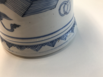 A Chinese blue and white brush pot with 'antiquities' design, Kangxi