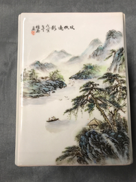 A square Chinese qianjiang cai brush pot with landscapes, 20th C.