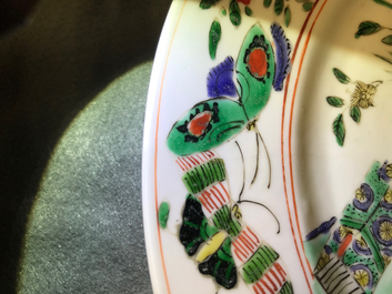 A Chinese famille verte plate with a lady and her cat, Kangxi