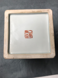 A square Chinese qianjiang cai brush pot with landscapes, 20th C.