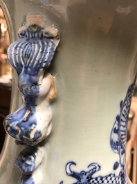 A pair of Chinese blue and white celadon ground vases with dragons and phoenixes, 19th C.