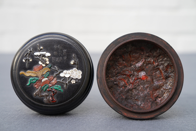 A Chinese inlaid wood seal paste box and cover with inscription, 18/19th C.