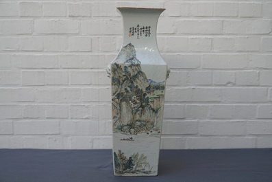 Un vase de forme carr&eacute; en porcelaine de Chine qianjiang cai, sign&eacute; Wang Youtang, d&eacute;but du 20&egrave;me
