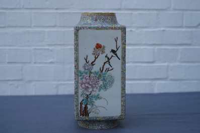 A Chinese famille rose cong vase with flowers and birds, Hongxian mark, 20th C.