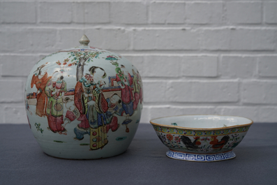 A Chinese famille rose charger, a jar and cover and a bowl on foot, 19th C.