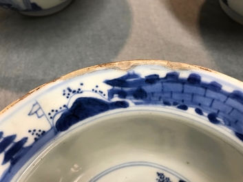 Three Chinese blue and white bowls and a blue ground famille rose vase, Kangxi and 19th C.