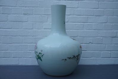 A Chinese famille rose tianqiu ping vase with birds, Qianlong mark, 19th C.