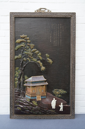 Een Chinees houten lakwerk paneel met oplegwerk van cloisonn&eacute;, ivoor en jade, 18e eeuw