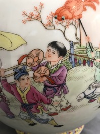 A Chinese famille rose 'playing boys' vase, Qianlong mark, 20th C.