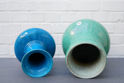 Two Chinese monochrome green and blue vases, 18/19th C.