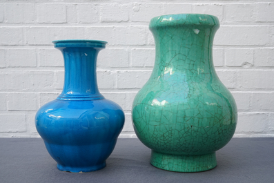 Two Chinese monochrome green and blue vases, 18/19th C.