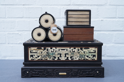 A Chinese bone and mother of pearl inlaid wood box with multiple compartments, 19th C.