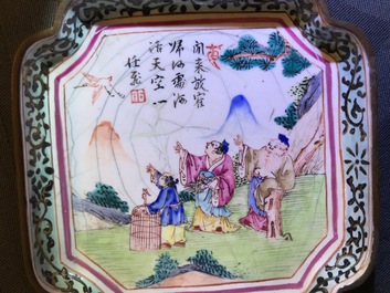 Quatre soucoupes de forme carr&eacute; en &eacute;maux de Canton, Qianlong