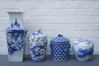 Three Chinese blue and white vases and a jar and cover, 19/20th C.
