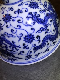 A Chinese blue and white 'dragon' stem cup, Xuande mark, 19/20th C.