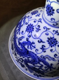 A Chinese blue and white 'dragon' stem cup, Xuande mark, 19/20th C.