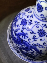 A Chinese blue and white 'dragon' stem cup, Xuande mark, 19/20th C.