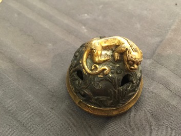 A Chinese parcel-gilt bronze double gourd hanging censer and cover, Kangxi mark, Qing