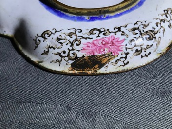 A Chinese Canton enamel quatrefoil 'Europeans' dish, Qianlong