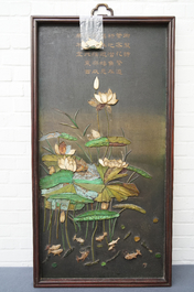 A pair of large Chinese lacquered wood inscribed panels with applied ivory, Qianlong