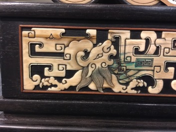 A Chinese bone and mother of pearl inlaid wood box with multiple compartments, 19th C.