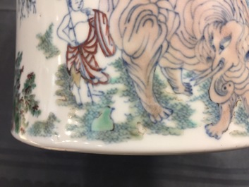 A Chinese doucai brush pot with an elephant, 19/20th C.