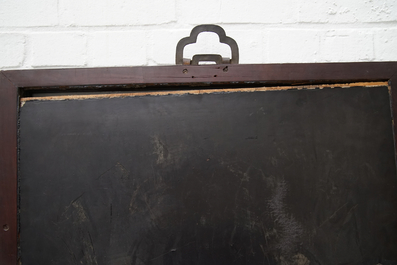 A pair of large Chinese lacquered wood inscribed panels with applied ivory, Qianlong