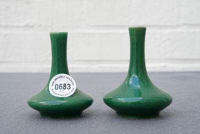 A pair of Chinese miniature monochrome green vases, Kangxi