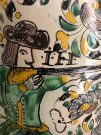 A Habaner pottery jug with a hunting scene, monogram IL, Slovakia, 18th C.