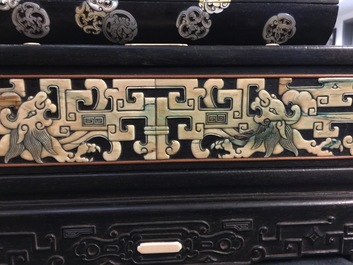 A Chinese bone and mother of pearl inlaid wood box with multiple compartments, 19th C.