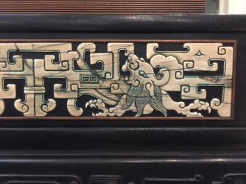 A Chinese bone and mother of pearl inlaid wood box with multiple compartments, 19th C.