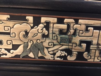 A Chinese bone and mother of pearl inlaid wood box with multiple compartments, 19th C.