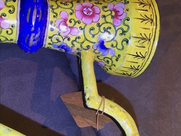 A Chinese yellow ground Canton enamel ewer and cover, 18/19th C.