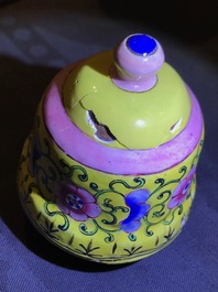 A Chinese yellow ground Canton enamel ewer and cover, 18/19th C.