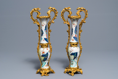 Four Chinese ormolu-mounted famille rose 'tobacco leaf' vases remodeled as two, Qianlong