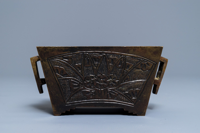 A rectangular Chinese bronze censer, Qianlong mark, 19th C.