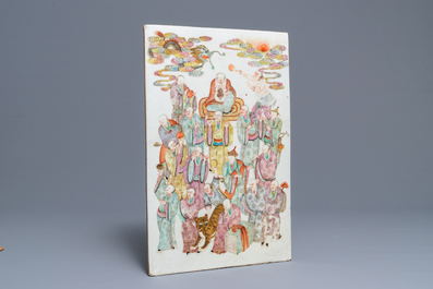 A large Chinese famille rose '18 Luohan' plaque, 19th C.