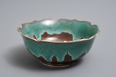 A Chinese brown ground turquoise flamb&eacute;-glazed lotus-shaped bowl, Yongzheng/Qianlong