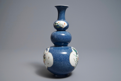 A Chinese famille verte on powder blue ground double gourd vase, 19th C.