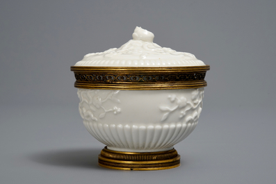 A gilt-bronze mounted Saint-Cloud soft paste porcelain bowl and cover, France, 2nd half 18th C.