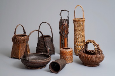 Eleven Japanese bamboo ikebana baskets including three signed examples, Meiji/Showa, 19/20th C.