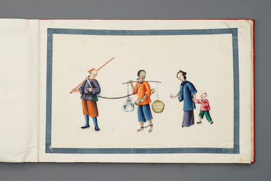 An album with twelve Chinese 'punishment' rice paper paintings, Canton, 19th C.