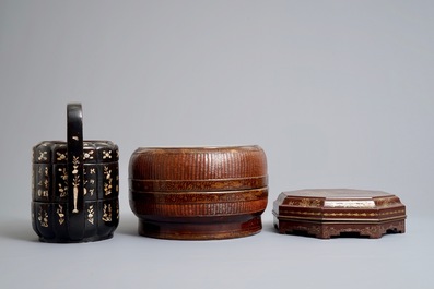 Two Chinese lacquered marriage boxes and a condiment set in box, 19/20th C.