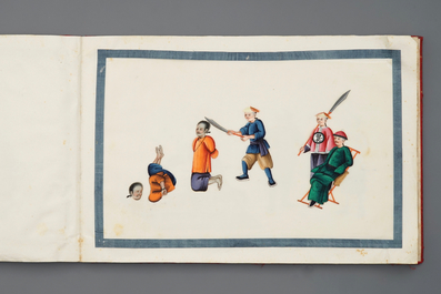 An album with twelve Chinese 'punishment' rice paper paintings, Canton, 19th C.