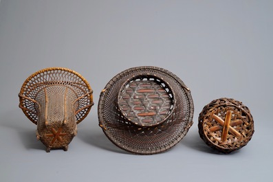 Three signed Japanese woven bamboo ikebana baskets, Meiji/Showa, 19/20th C.