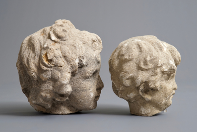 Two carved stone cherub's heads, poss. France, 17th C.