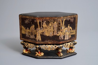 A Chinese Straits or Peranakan market gilded and lacquered wood offering box, 19th C.