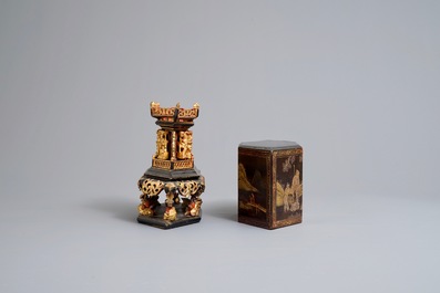 A Chinese Straits or Peranakan market gilded and lacquered wood offering box, 19th C.