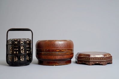 Two Chinese lacquered marriage boxes and a condiment set in box, 19/20th C.